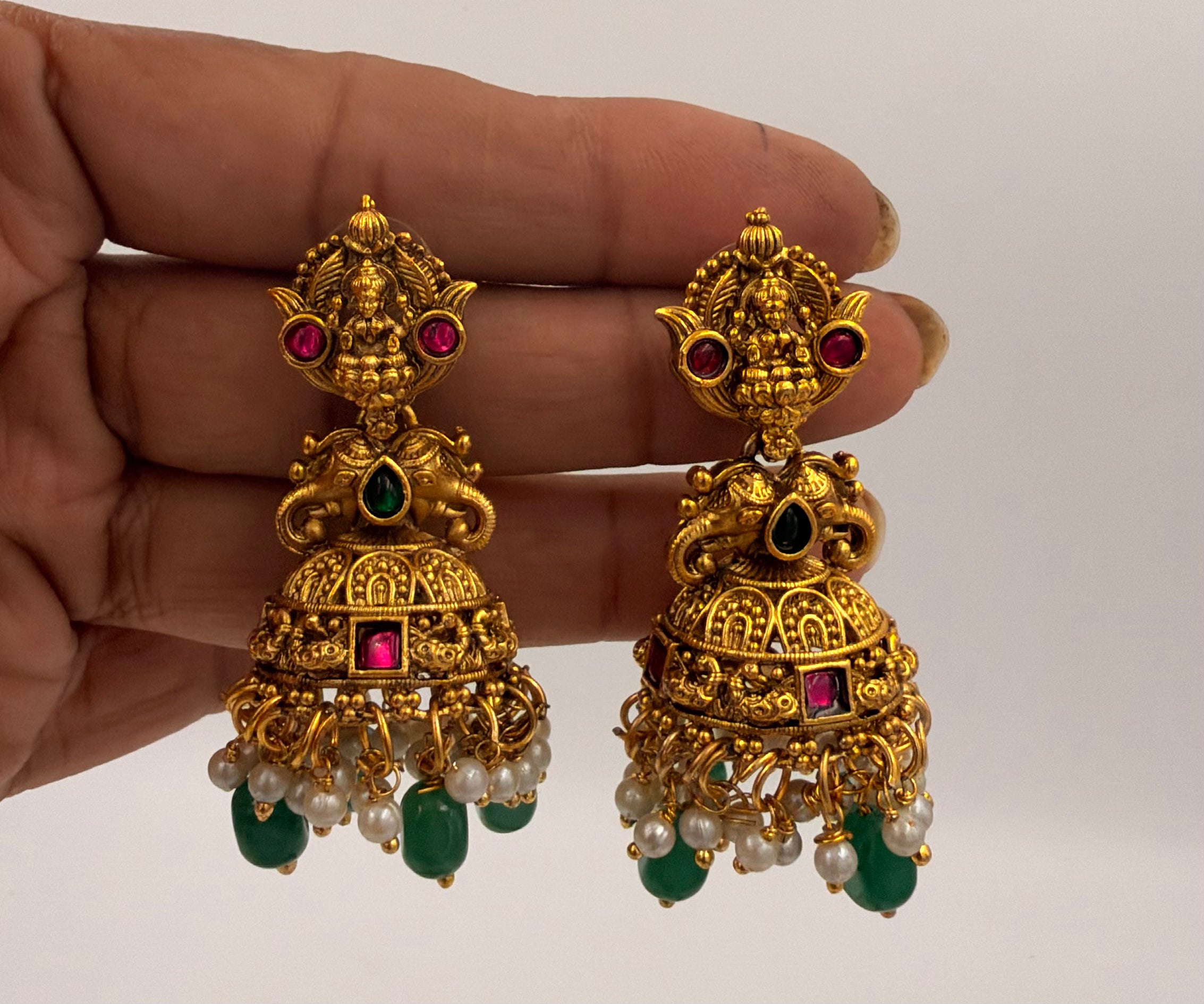 Antique Gold Lakshmi Temple Necklace Set with Green Beads