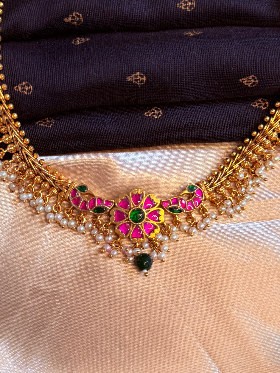 Ruby Green Floral Pearl Necklace – Traditional Designer Jewellery