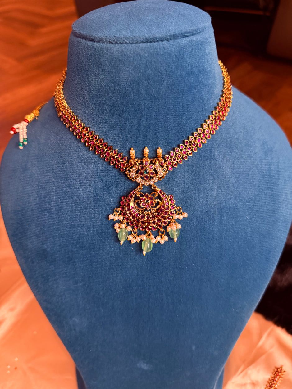 Premium Ruby & Green Beaded Necklace Set