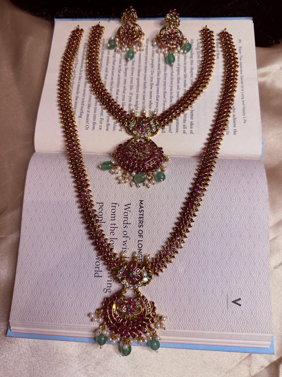 Premium Ruby & Green Beaded Necklace Set