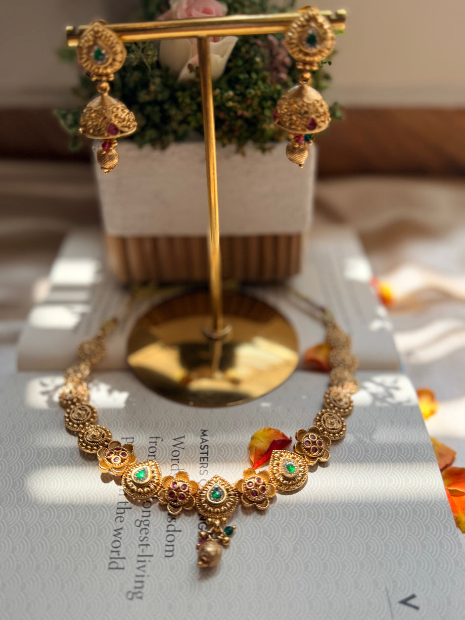 Antique Gold Kundan Necklace Set with Matching Jhumka Earrings