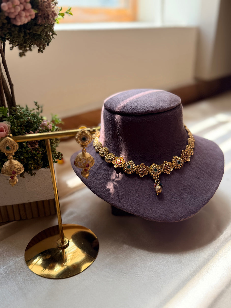 Antique Gold Kundan Necklace Set with Matching Jhumka Earrings