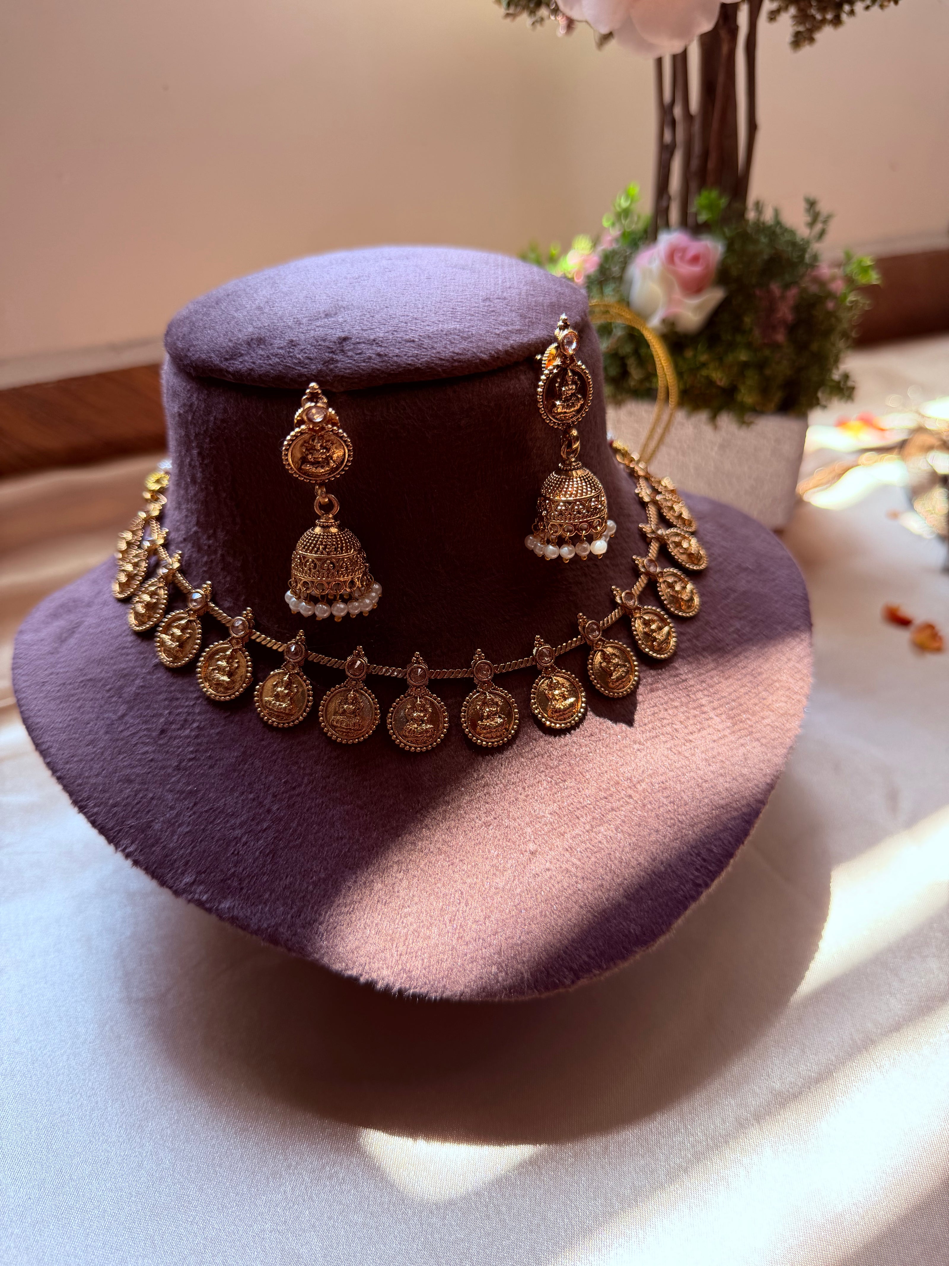 Antique Gold Lakshmi Coin Necklace Set with Matching Jhumka Earrings