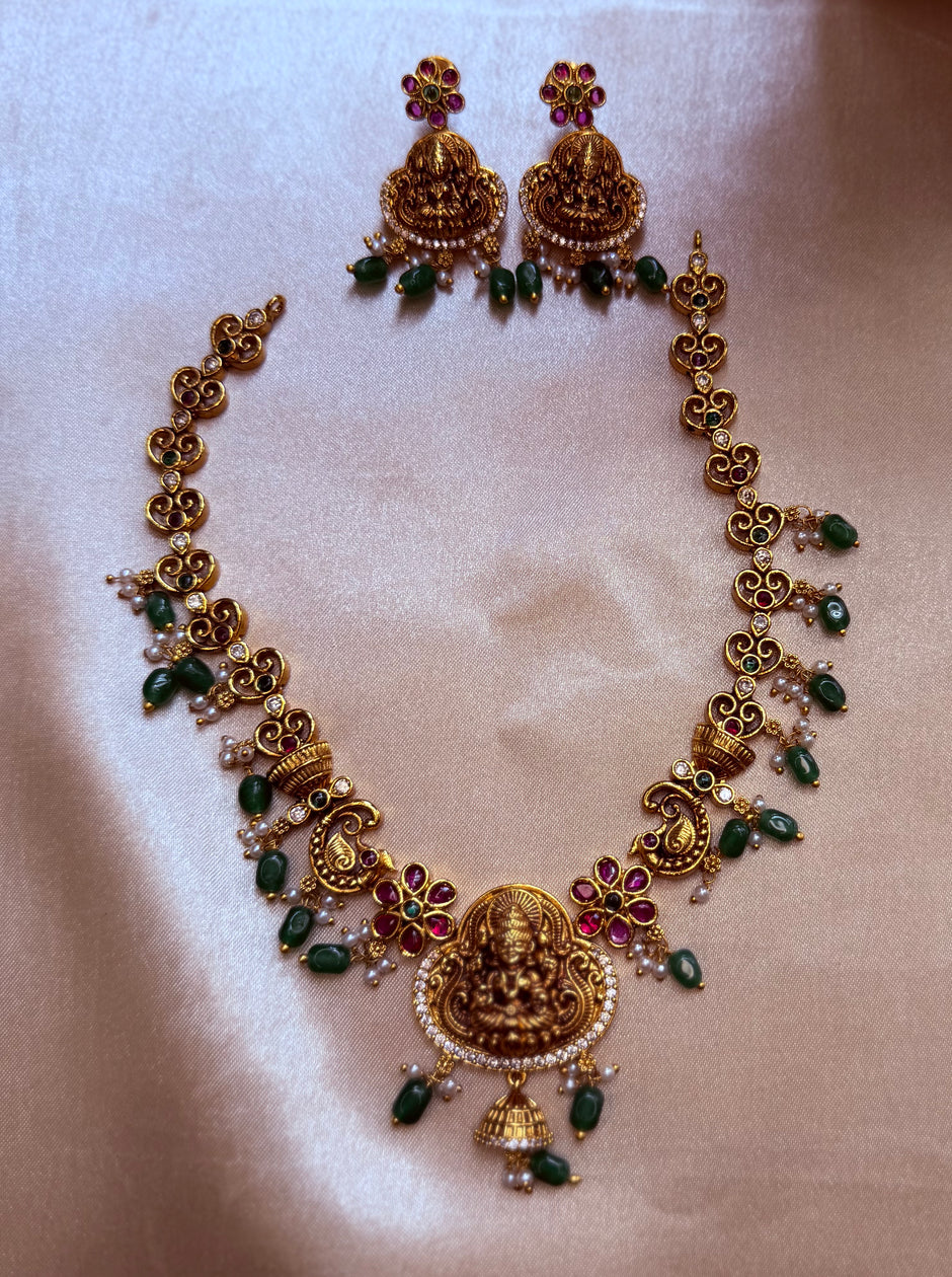 Divine Lakshmi Ruby & Green Bead Necklace Set