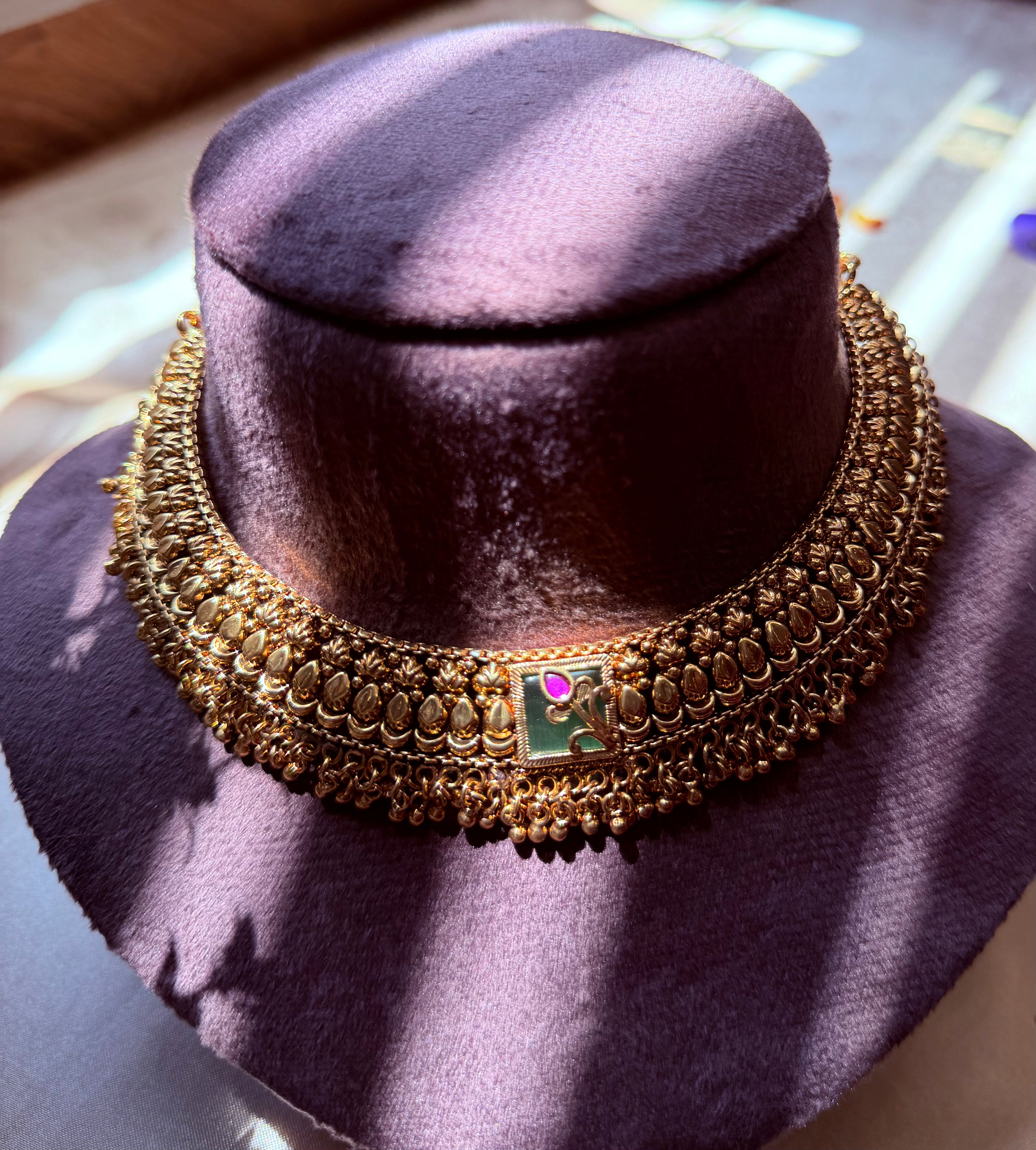 Antique Gold Temple Necklace Set with Matching Jhumka Earrings