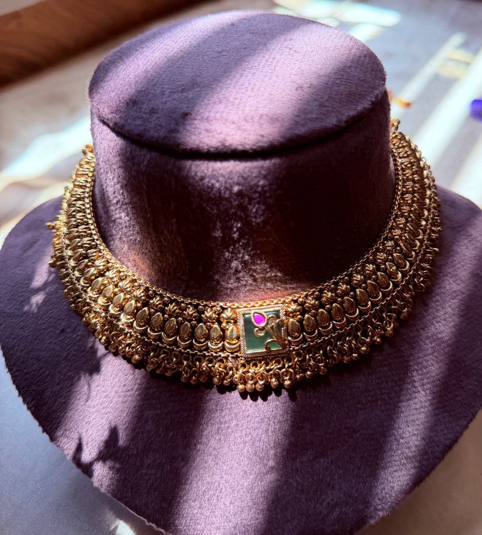 Antique Gold Temple Necklace Set with Matching Jhumka Earrings