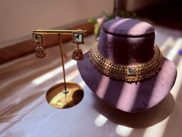 Antique Gold Temple Necklace Set with Matching Jhumka Earrings