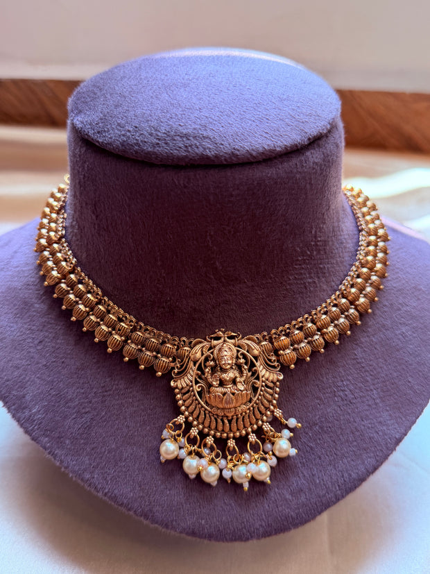 Antique Gold Lakshmi Necklace Set with Pearl Drops