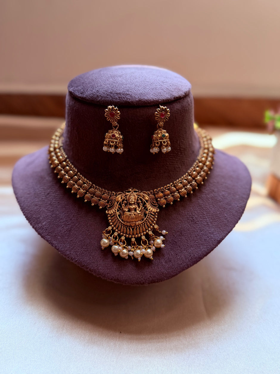 Antique Gold Lakshmi Necklace Set with Pearl Drops