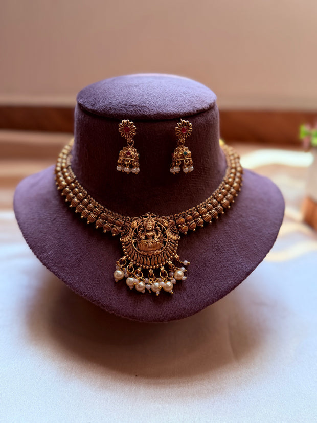 Antique Gold Lakshmi Necklace Set with Pearl Drops