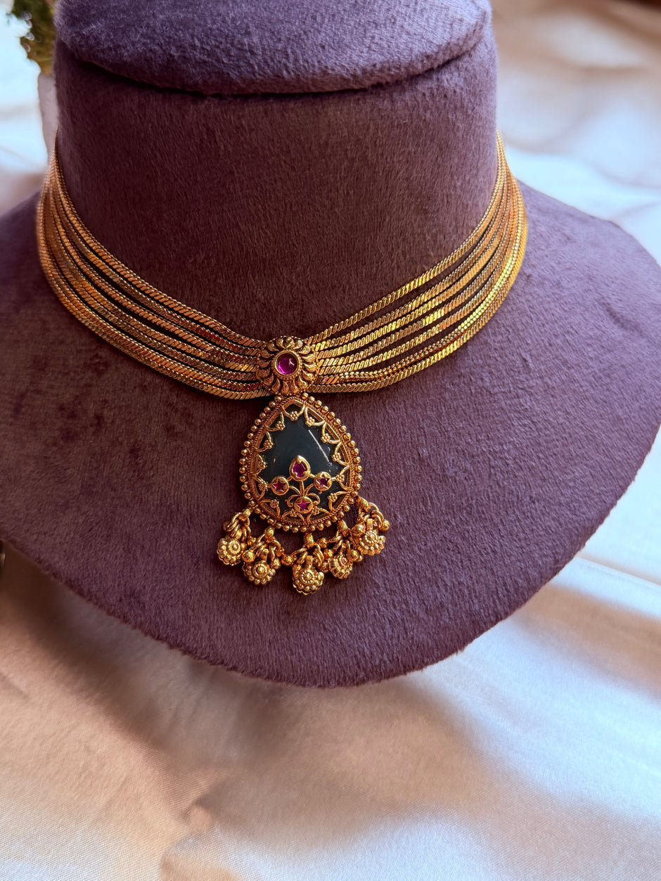 Antique Gold Multi-Layer Ruby & Green Stone Necklace Set with Matching Earrings