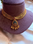 Antique Gold Multi-Layer Ruby & Green Stone Necklace Set with Matching Earrings