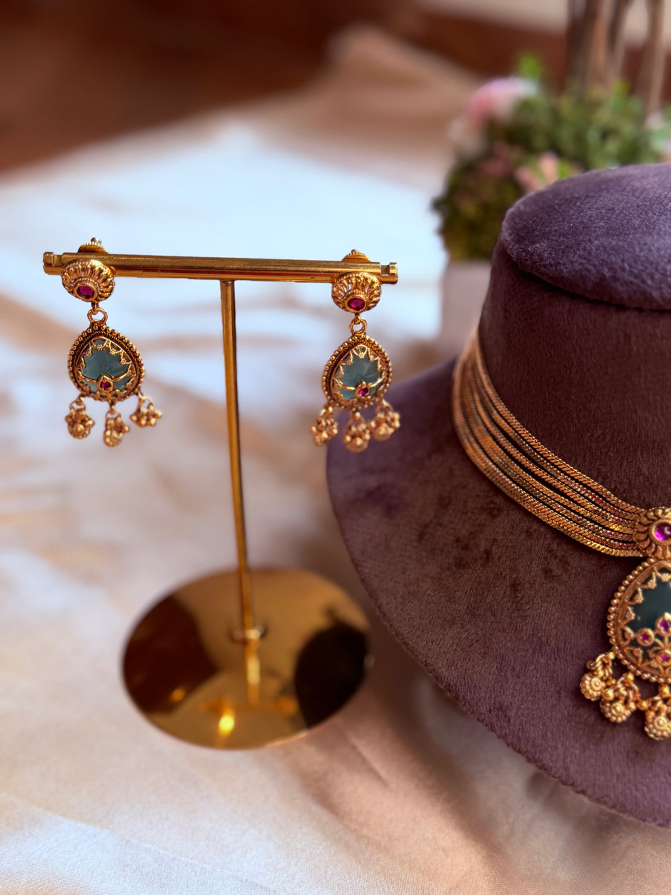 Antique Gold Multi-Layer Ruby & Green Stone Necklace Set with Matching Earrings