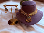 Antique Gold Multi-Layer Ruby & Green Stone Necklace Set with Matching Earrings